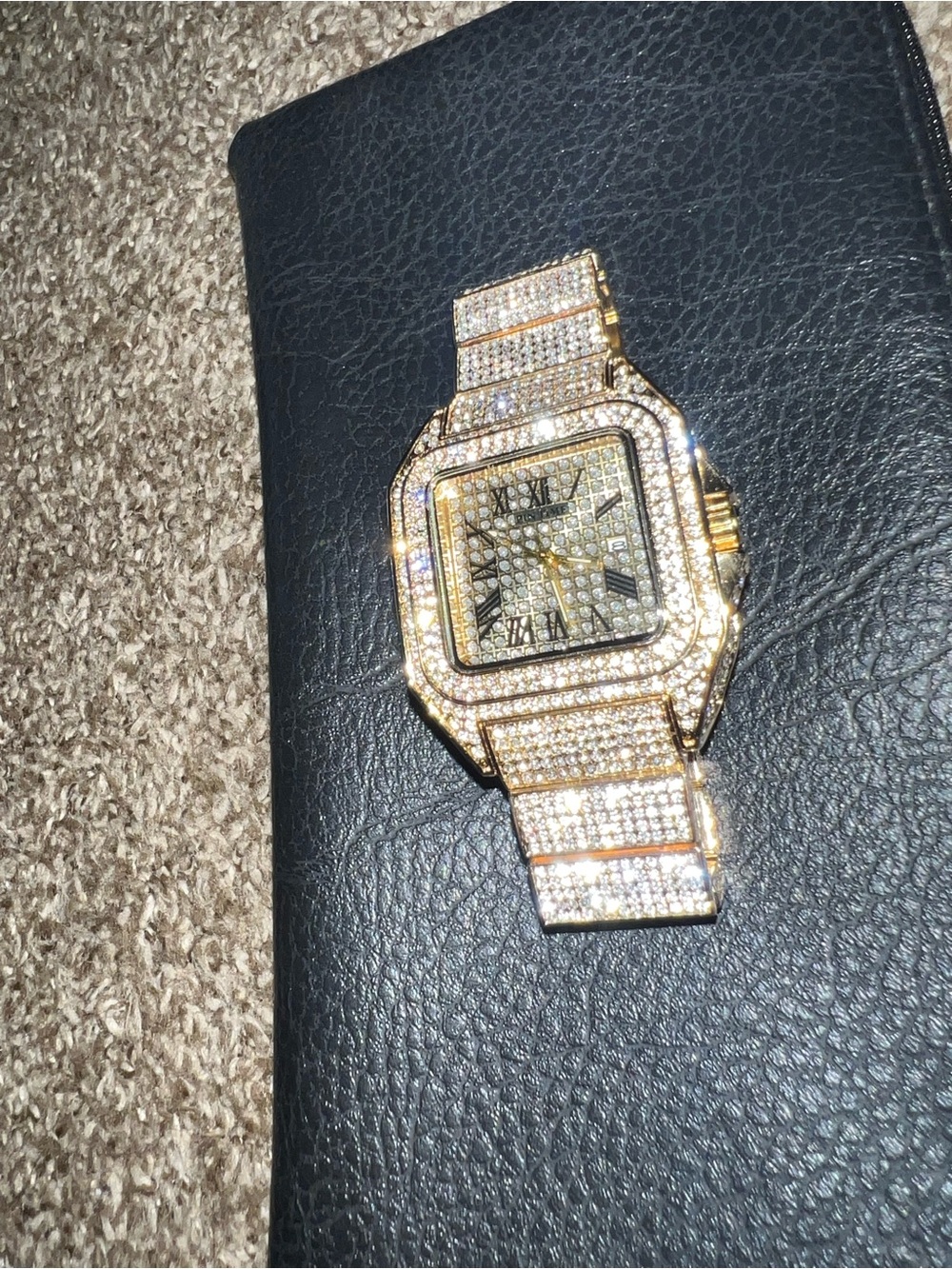 Pintime Iced Out Vintage Gold Diamond Moissanite Stainless Steel Watch